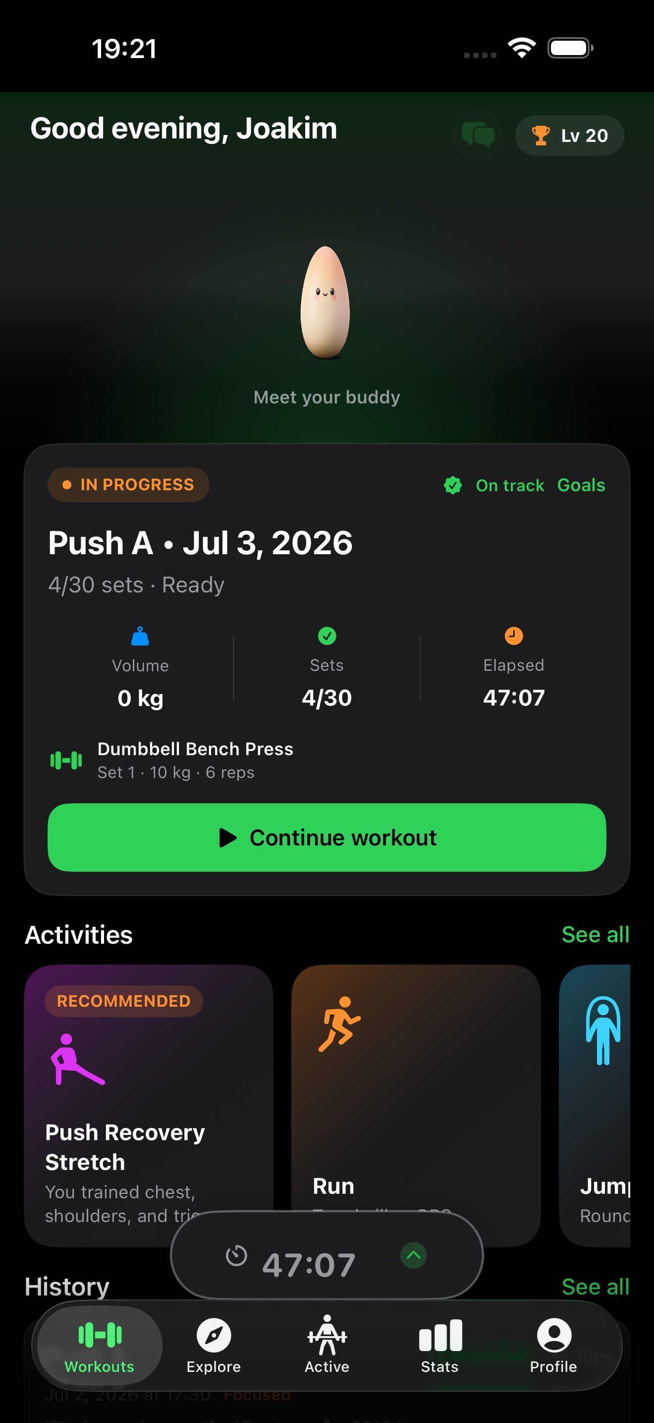 JJ-Workout home screen with today's plan, weekly goals, and history