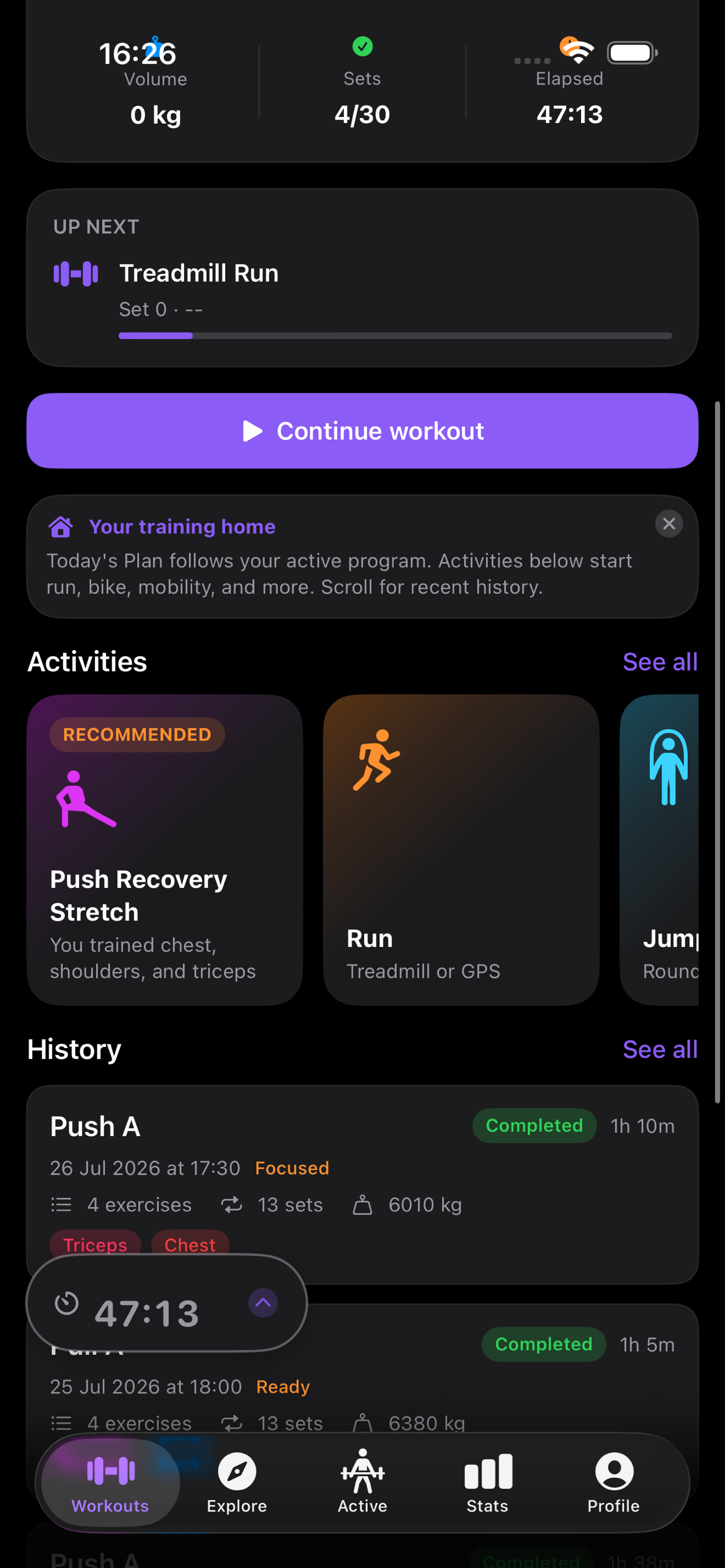 Activities and recent workout history