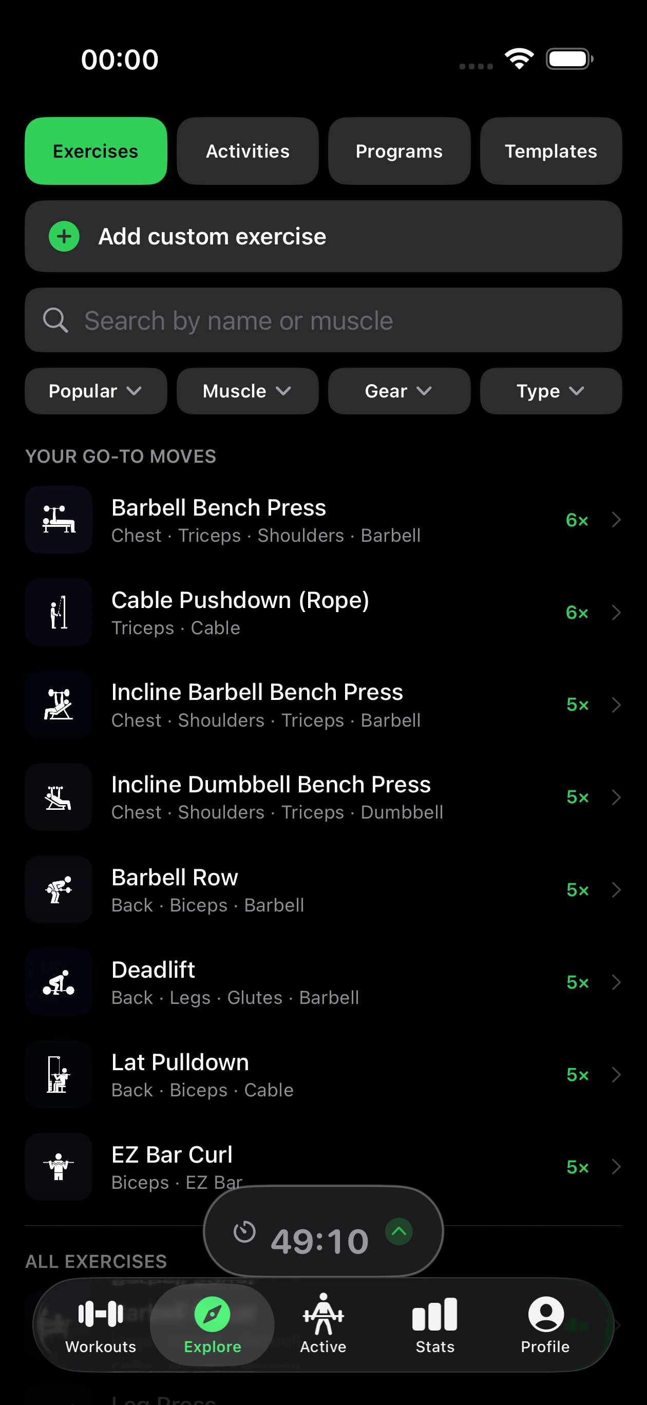 Exercise library with search, filters, and illustrations